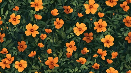 Vibrant seamless pattern of bright orange flowers scattered across a lush green field ideal for fabric design and home decor