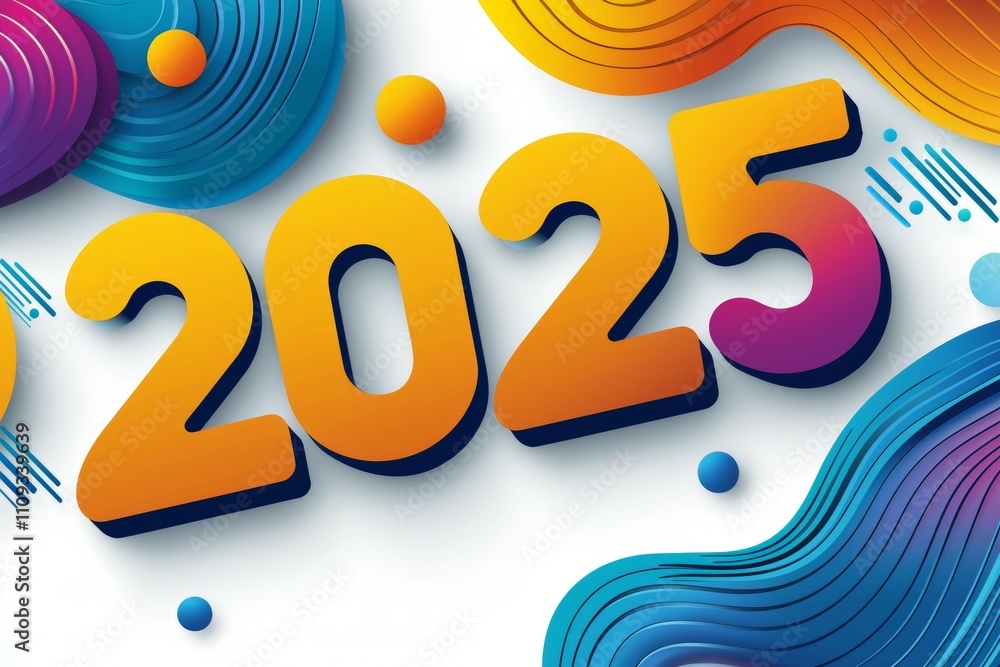 Poster vibrant 2025 typography with colorful abstract shapes and patterns