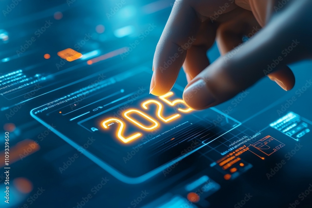 Aufkleber futuristic digital interface displaying 2025 with touch interaction