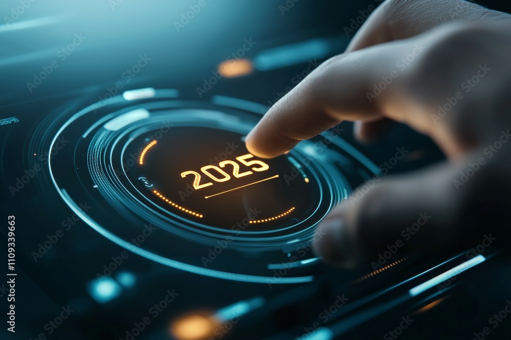 Aufkleber futuristic interface with hand touching digital display showing 2025