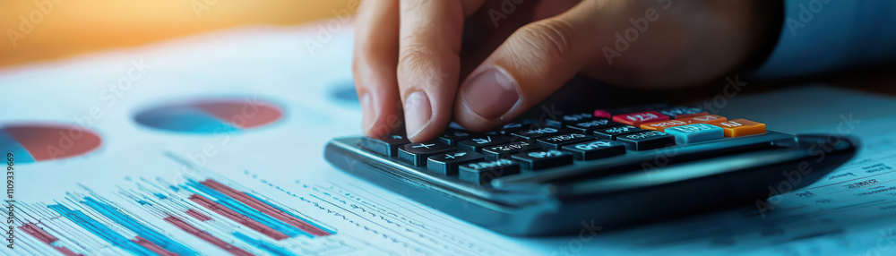 Poster closeup of hand using calculator over financial reports, analyzing data and statistics. focus is on 