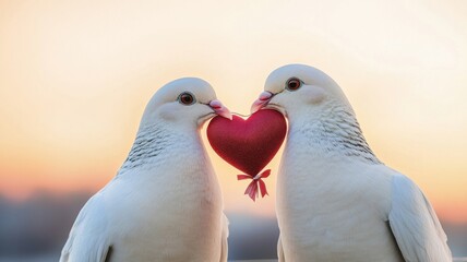 Fototapeta premium Two white doves hold a red heart together, symbolizing love and unity against a soft sunset backdrop.