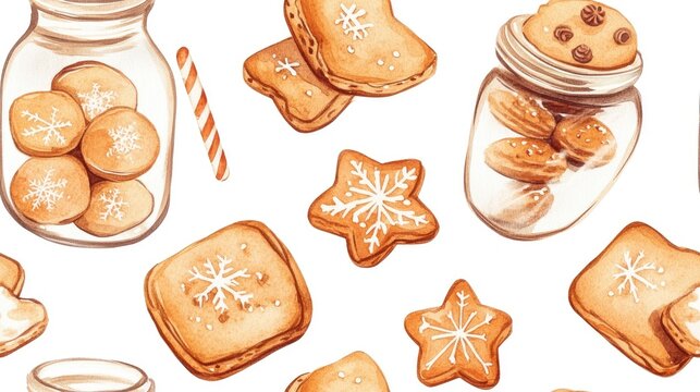 Seamless watercolor pattern of Christmas cookies in a jar ideal for holiday projects invitations and greeting cards