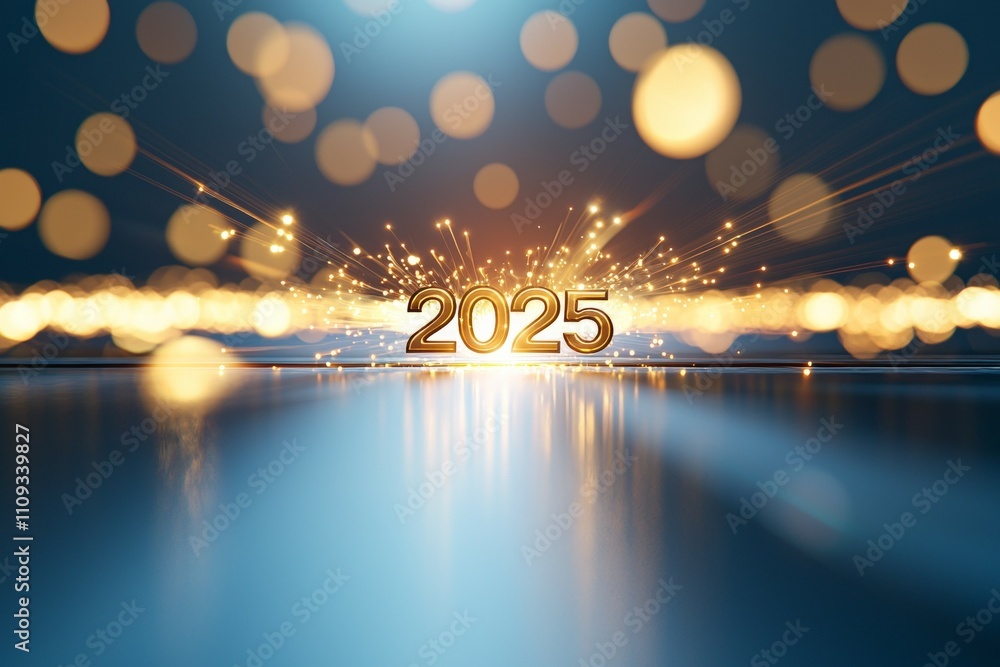 Poster golden 2025 with sparkling light effects and bokeh background