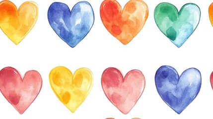 Fototapeta premium Seamless pattern of vibrant rainbow watercolor hearts on a crisp white background ideal for fabric design and stationery items