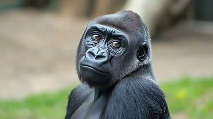 Obraz premium A close-up portrait of a thoughtful gorilla in a natural setting.