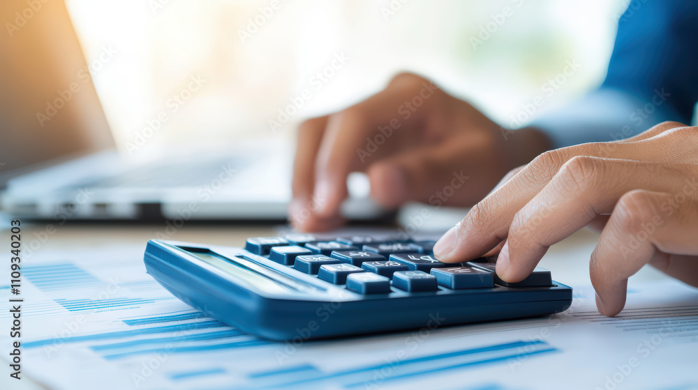 Poster closeup of hands using calculator at modern workspace, analyzing financial data and reports. focus i