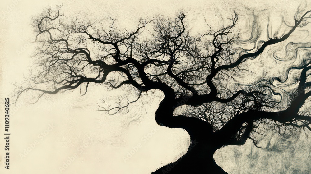 Poster abstract grayscale image of a large, leafless tree with swirling background.