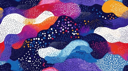 Colorful seamless abstract pattern featuring waves and craters painted in vibrant shades of blue purple red violet and white ideal for textile and digital design