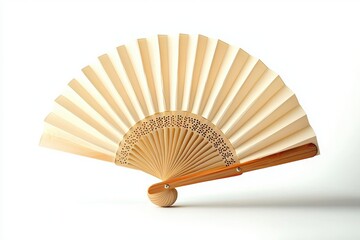 Traditional wooden fan with intricate design on a white isolated background.