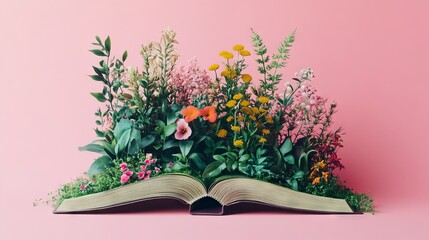 Open Book Transforming into a Miniature Forest with Flowers. AI generated illustration