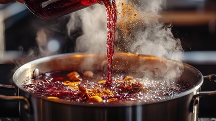 Pouring aromatic beverage into a pot during a cozy cooking session at home