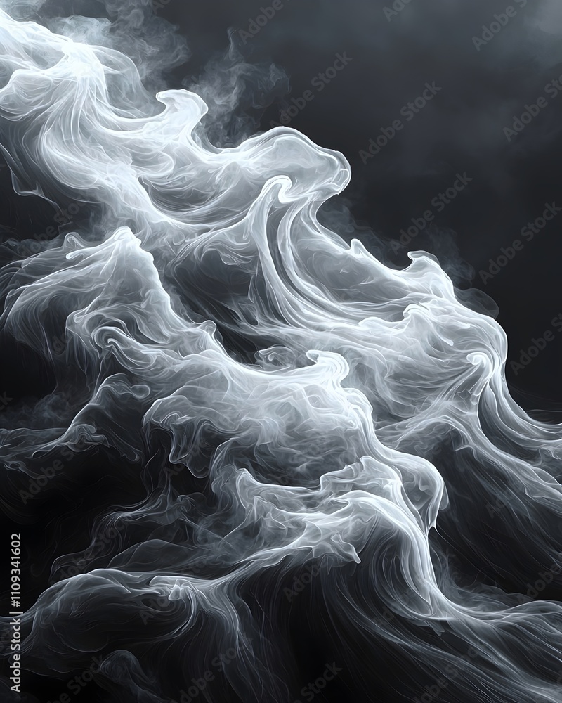 Poster a mesmerizing display of white smoke swirling gracefully against a dark background, creating an ethe