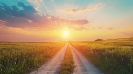 Sun Sunshine In Sunset Bright Sky. Beautiful Evening Sky Above Rural Landscape With Country Road. Young Green Wheat Field Meadow And Countryside Road. Agricultural And Weather Forecast Concept