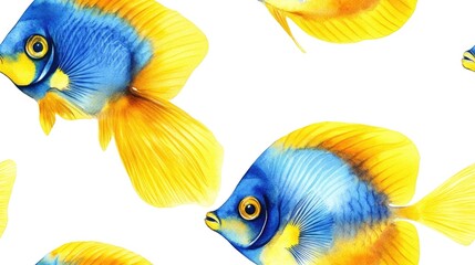 Seamless marine themed pattern of charming yellow and blue fish in a playful watercolor style ideal for fabric and packaging design