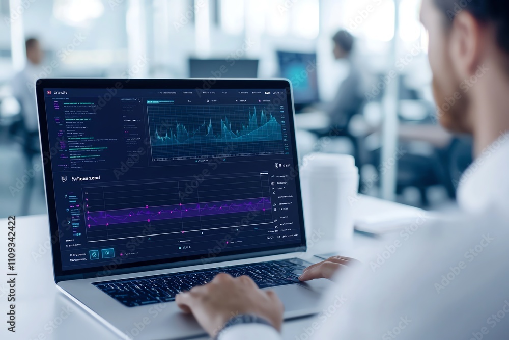 Poster a professional analyzing data on a laptop in a modern office environment. graphs and statistics are 