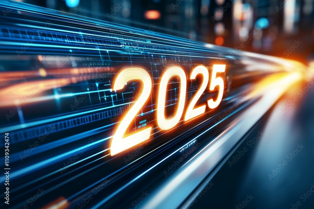 Poster futuristic digital concept representing 2025 with high-tech elements and speed