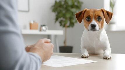 Pet owner reading an informational brochure about spay benefits in a clinic, 3D rendering