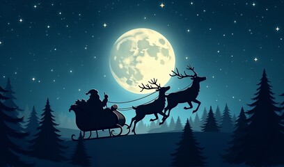 New Year postcard design featuring Santa in a sleigh with reindeer under a full moon and copy space for text