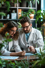 Two scientists in lab coats examining biodegradable plastic samples, documenting results, eco-friendly materials on table