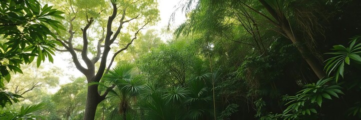 Fototapeta premium Lush tropical forest with dense foliage and sunlight streaming through canopy, foliage, green, wilderness
