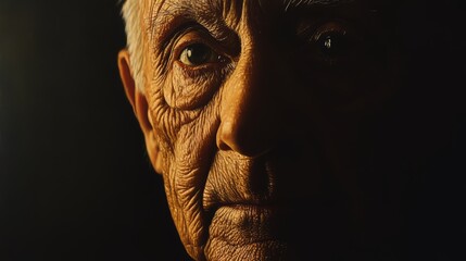 Obraz premium Close-up portrait of an elderly man's face, showing wrinkles and deep-set eyes, lit dramatically from the side against a dark background.