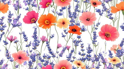 Seamless pattern featuring vibrant wildflowers and lavender ideal for wallpaper banners and design projects