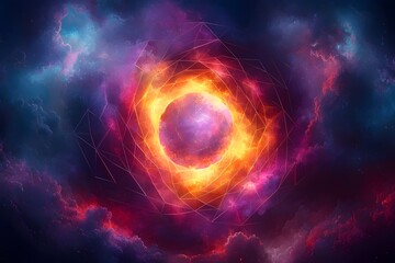 Fototapeta premium A stunning cosmic scene featuring a vibrant, fiery circular formation amidst swirling clouds of deep blues, purples, and pinks, evoking a sense of wonder and mystery.