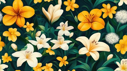 Obraz premium Joyful seamless pattern of an artist s canvas featuring a vibrant bouquet of lilies dandelions and jasmine perfect for wallpapers and posters cheerful design
