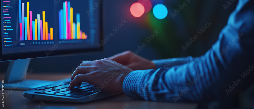 Poster hands typing on keyboard with data visualization on screen, showcasing colorful bar graphs and chart