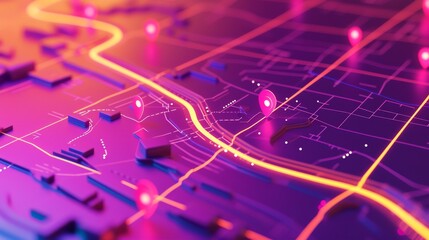 Obraz premium A dynamic 3D-rendered map highlighting glowing pins and vibrant pathways in bright hues, blending abstract design with futuristic navigation concepts. AI generated.