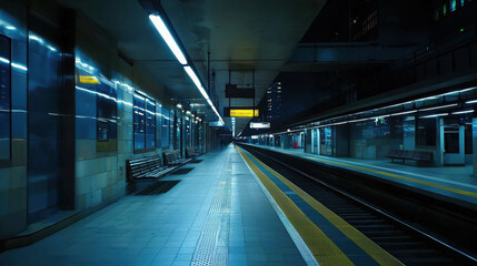 Obraz premium Dimly Lit Subway Station at Night with Empty Platforms and Echoing Silence