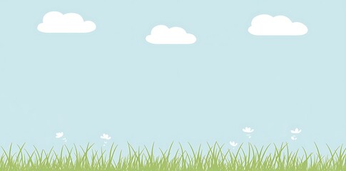 Obraz premium A flat, pastel-colored grassy field with soft green tones, white clouds in a pale blue sky.