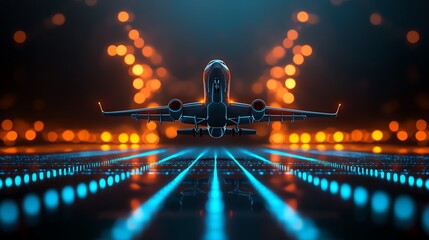 Futuristic airplane on a luminous runway, ready for takeoff, surrounded by vibrant, glowing lights in an atmospheric night setting.