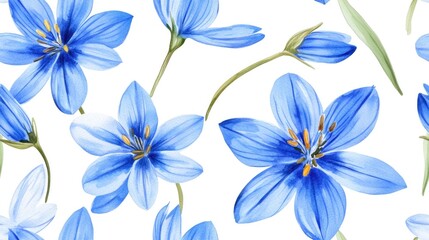 Seamless watercolor pattern of Siberian Squill flowers on a white backdrop for decorative textiles and wallpapers