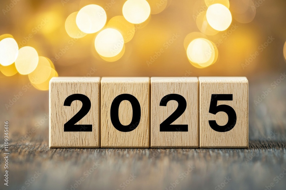 Poster wooden blocks displaying 2025 with bokeh light background