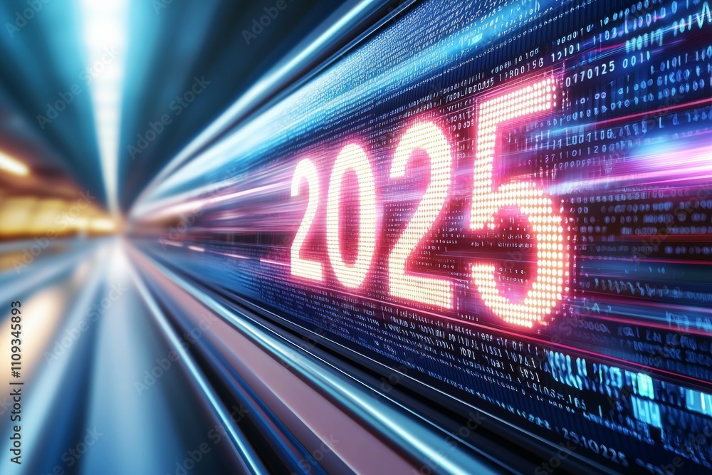 Poster futuristic digital display of year 2025 with dynamic motion blur