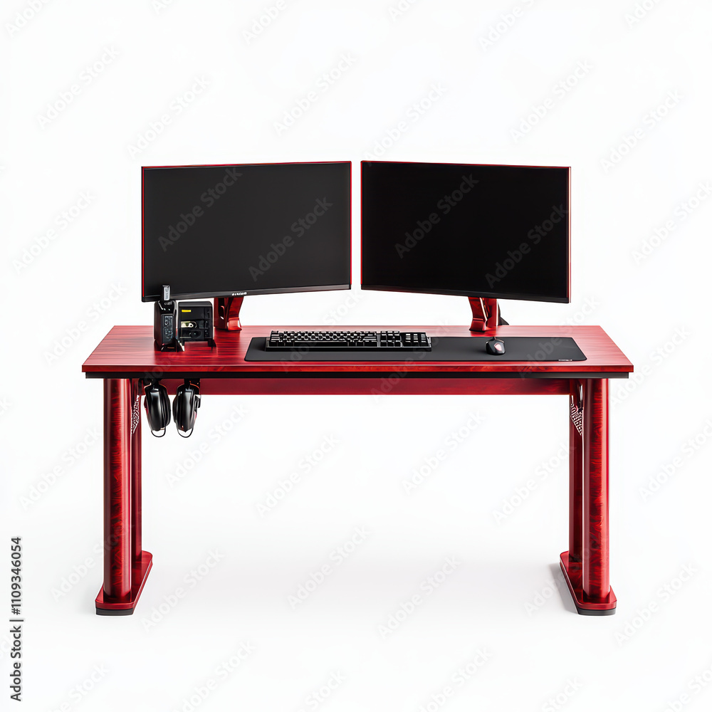 Poster sleek modern office setup featuring dual monitors and stylish red desk for enhanced productivity. th