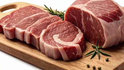 Fototapeta premium Cut sliced meat on wooden cutting board, 8k Resolution