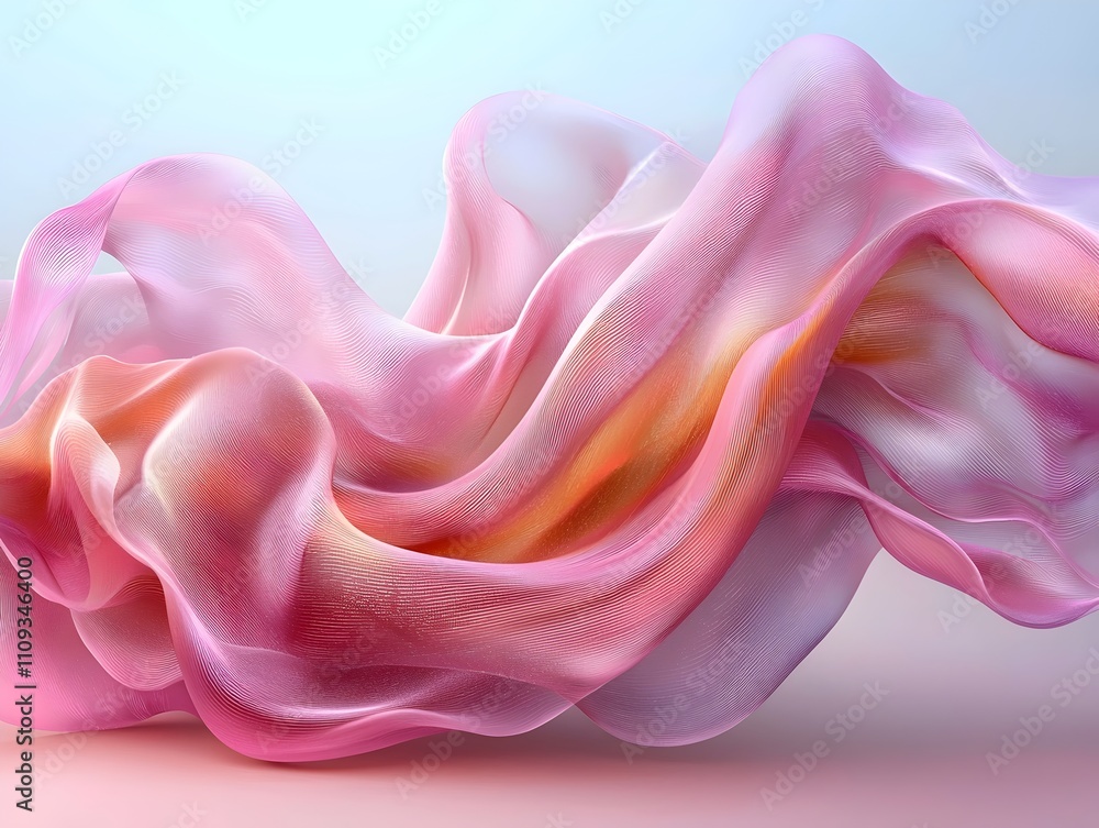 Poster a mesmerizing wave of translucent pink and white fabric flows gracefully, creating an ethereal atmos
