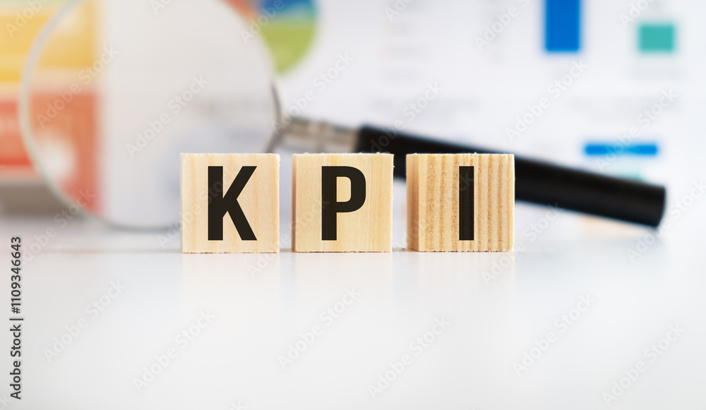 Aufkleber text kpi on wooden blocks with letters on a white background. reflection of the caption on the mirro