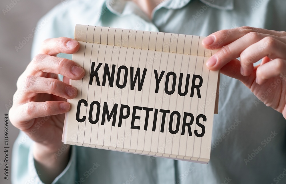 Poster hands holding a notebook with the text know your competitors written on it.