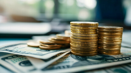 Gold Coins Stacked on Dollar Bills Representing Financial Growth