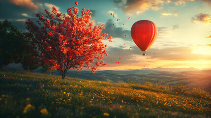 Fototapeta premium Red Hot Air Balloon Soaring Over Spring Landscape