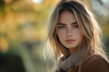Naklejka premium Blush Peaceful Autumnal Portrait Young Woman Outdoors