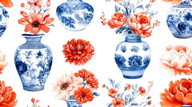Seamless hand drawn watercolor pattern featuring vibrant flowers in chinoiserie vases perfect for textile design and home decor