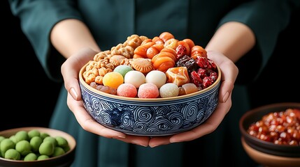 Naklejka premium 2025 Chinese New Year festival family concept. A person holds a decorative bowl filled with colorful sweets and snacks, surrounded by additional bowls of green olives and other treats.