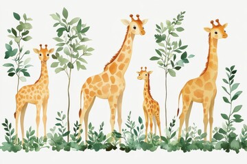 A playful illustration of four giraffes among green foliage.