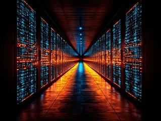 A futuristic data center corridor illuminated by vibrant blue and orange lights, showcasing rows of servers in a sleek, high-tech environment.