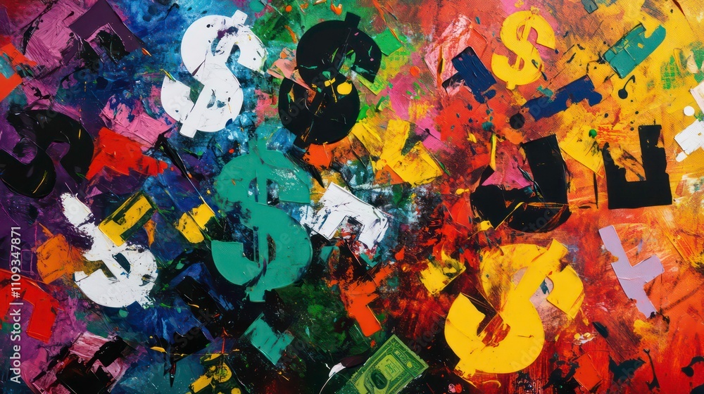 Aufkleber An abstract design of colorful currency symbols splattered across a canvas.